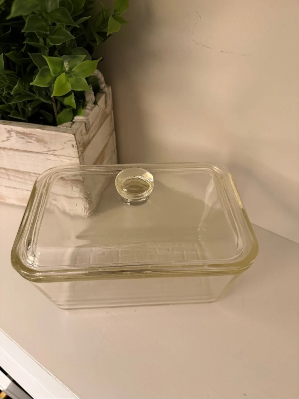 Vintage Glasbake 805 Clear Glass Refrigerator Dish w Lid 1.5 Qt 1940s